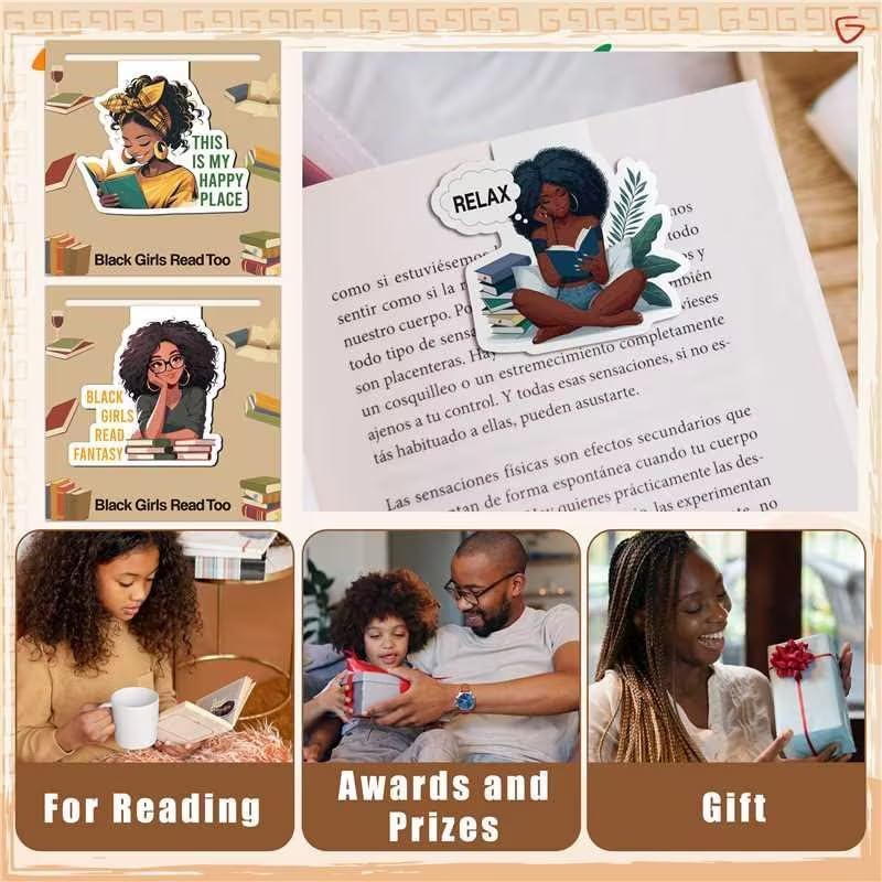 Laffact Reading Bookmarks for Black Girls Women - 9Pcs Black Girls Read Too Magnetic Book Tracker Bulk, Double-Sided Keep Reading Magnets Page Clips for Book Lovers Teachers Bookish Birthday Gift