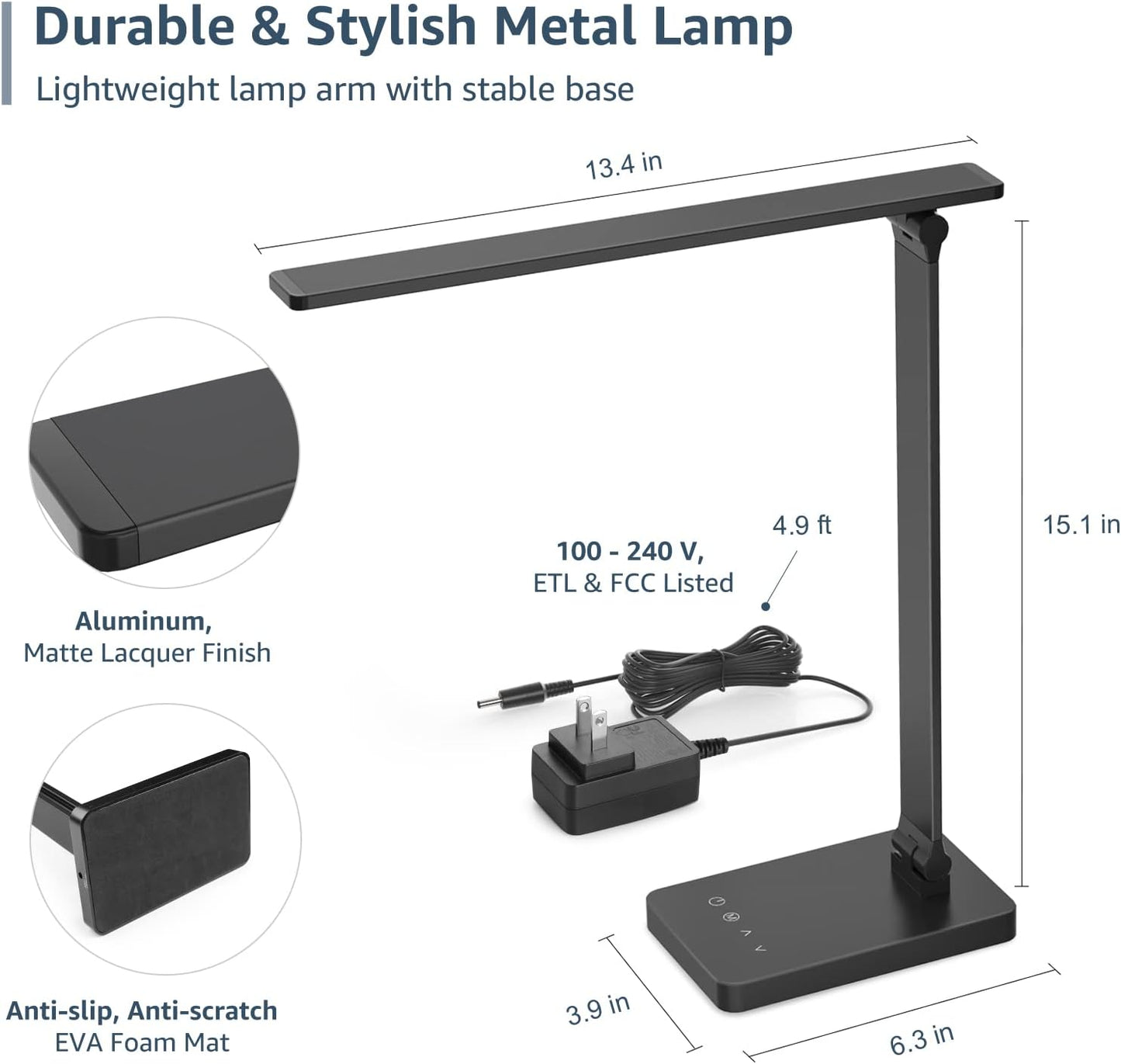 Lepro LED Desk Lamp with USB Charging Port,650LM Dimmable Home Office Touch Control Reading Table Lamp,5 Color Modes with 5 Brightness,College Dorm Room Essentials, Eye Caring, Sewing, Crafting, Black