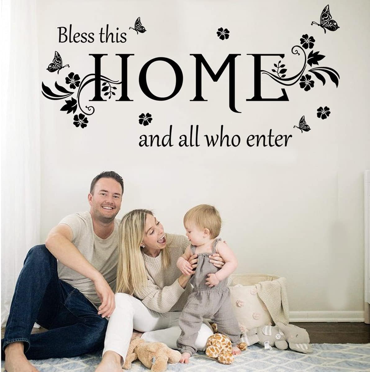 Black Vinyl Wall Sticker Wall Word Quotes Bless This Home and All who Enter Wall Decals Flowers Butterfly Wall Decor Sticker for Entryway Living Room Home Decor.