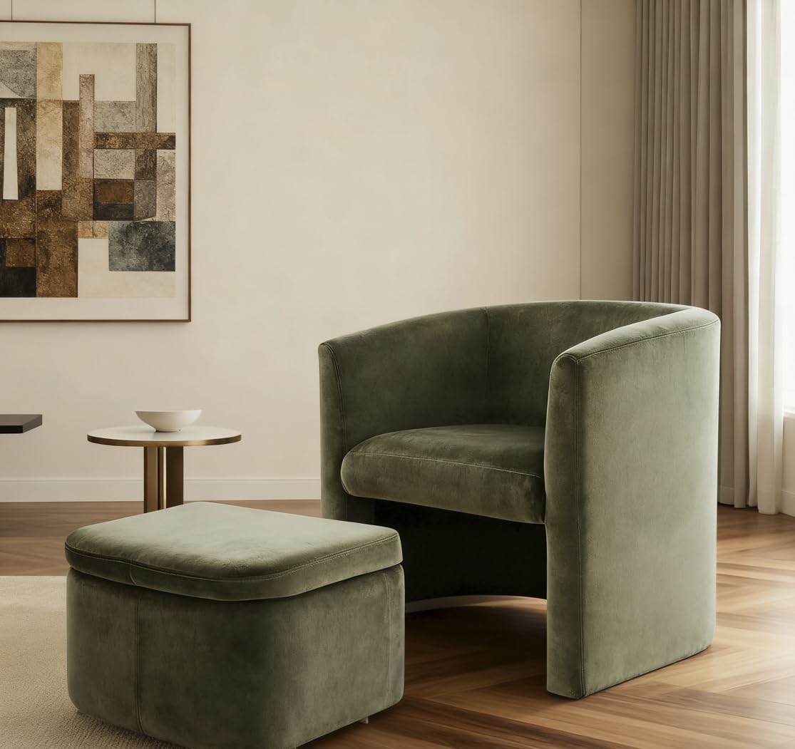 Mid-Century Velvet Living Room Chair with Storage Ottoman, Space-Saving Accent Chairs for Bedroom/Reading Spaces/Office, Green