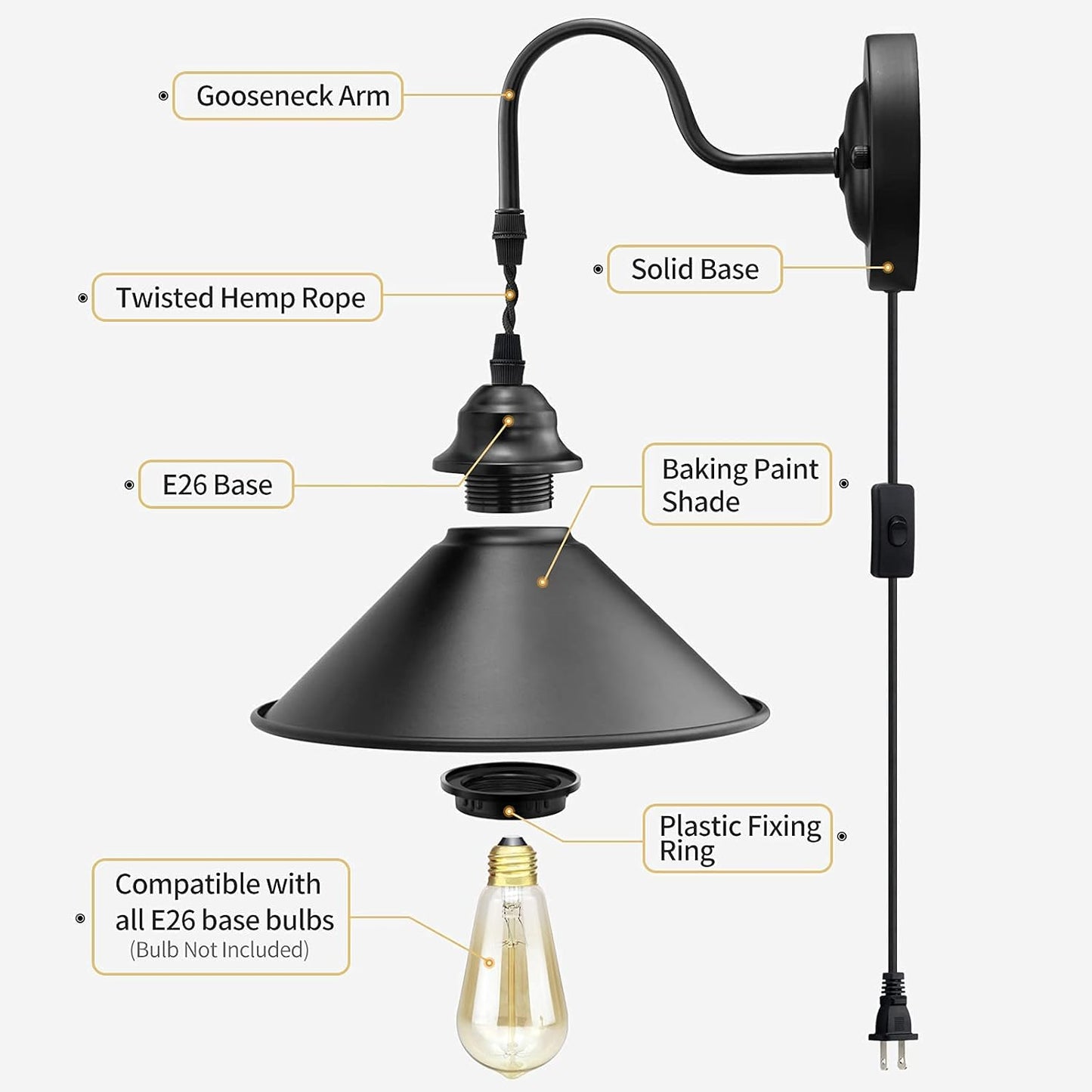 Plug in Wall Sconces, Vintage Plug in Wall Lamp Set of 2 with On/Off Switch, Metal Black Industrial Wall Mounted Light Fixture for Bedside Bedroom Indoor Doorway (Gooseneck Wall Lamp)