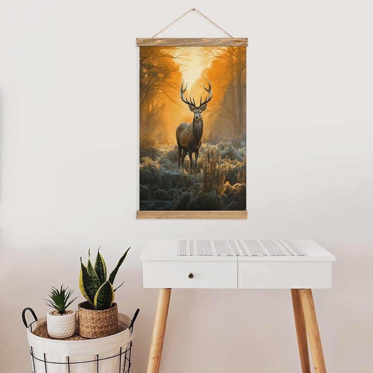 Vintage Deer in Forest Poster with Wooden Frame Personalized Linen Hanging Scroll Painting Rustic Wall Hanging Illustrative Modern Artwork Decor for Home Living Room Bedroom Office