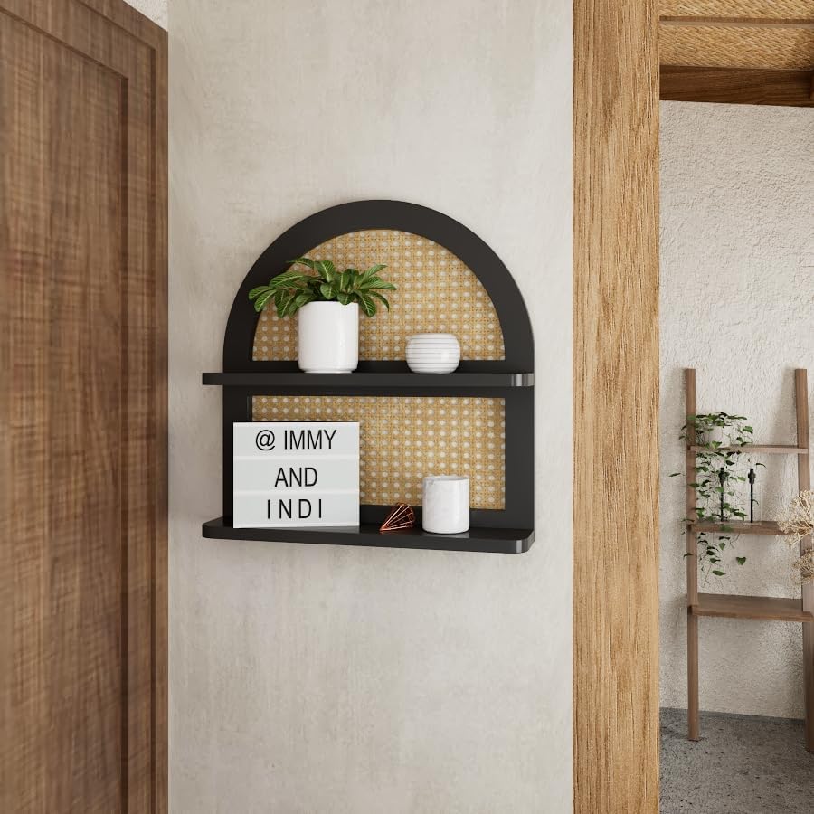 Wood Boho Rattan Wall Shelf - 2-Tier Arched Wicker Floating Shelf Black Wood New Boho Shelf, Rustic Farmhouse Nursery Decor Shelves Wall Mounted, Neutral Handcrafted (16''l Natural Rattan Shelf)