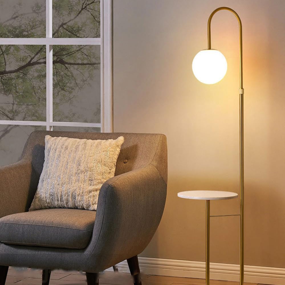 Nordic Height Adjustable Arc Tall Lamp Glass Ball Floor Lamp Marble Base Floor Light with Desktop E26 Three Color Light Dimmer Fixture for Living Room Bedroom Tea Room