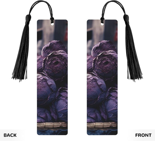 Purple Cabbage Bookmarks Gifts for Women Men, Wooden Bookmarks for Book Lovers, Vintage Book Marks Ornaments with Tassel, Unique Personalized Reading Page Markers Black