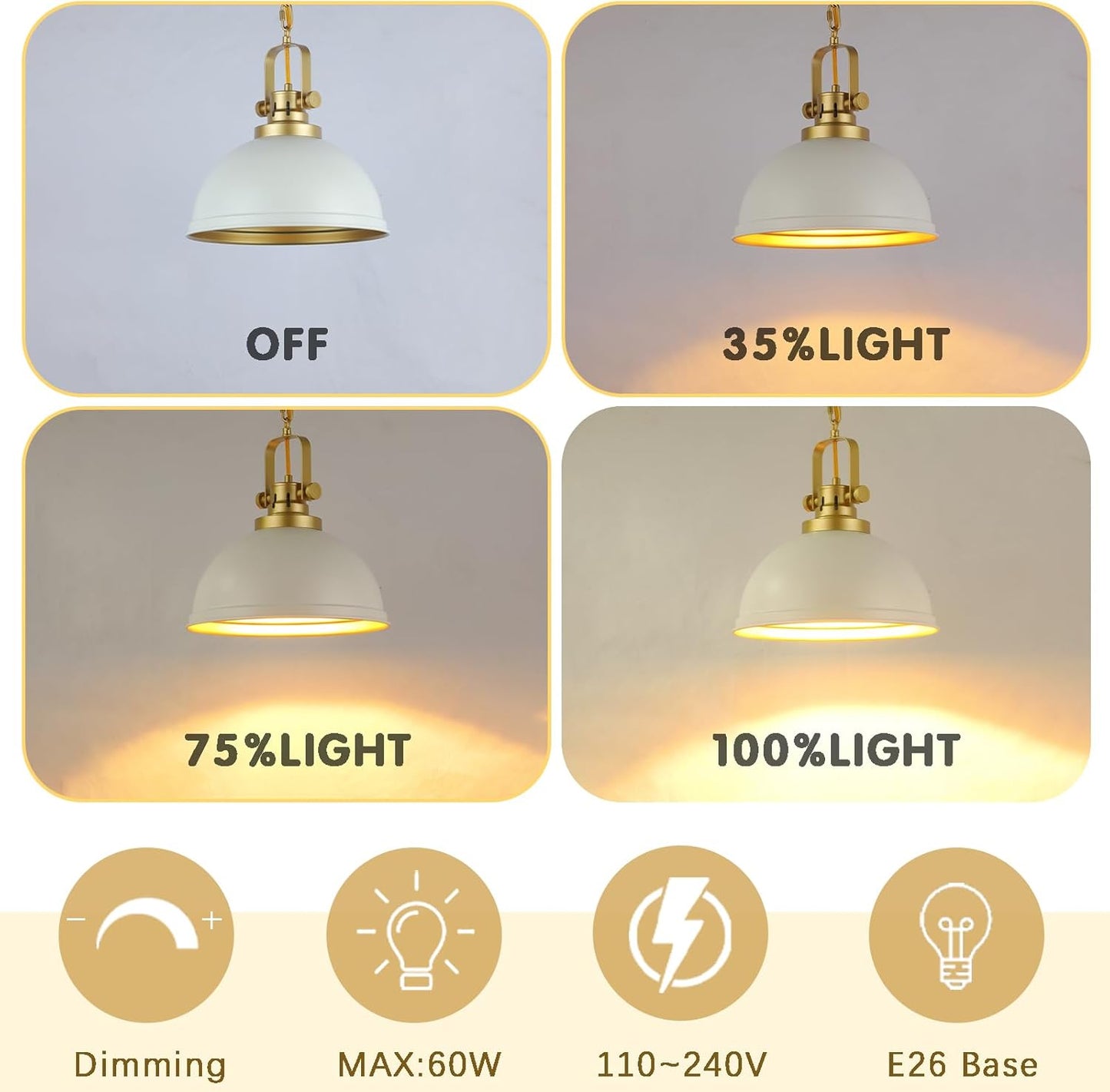 Modern White and Gold Pendant Lights,11.8" Vintage White Gold Pendant Light Fixtures Iron Dome Lighting Hanging Ceiling for Kitchen Island Dining Room Restaurant Bedroom Farmhouse Entrance