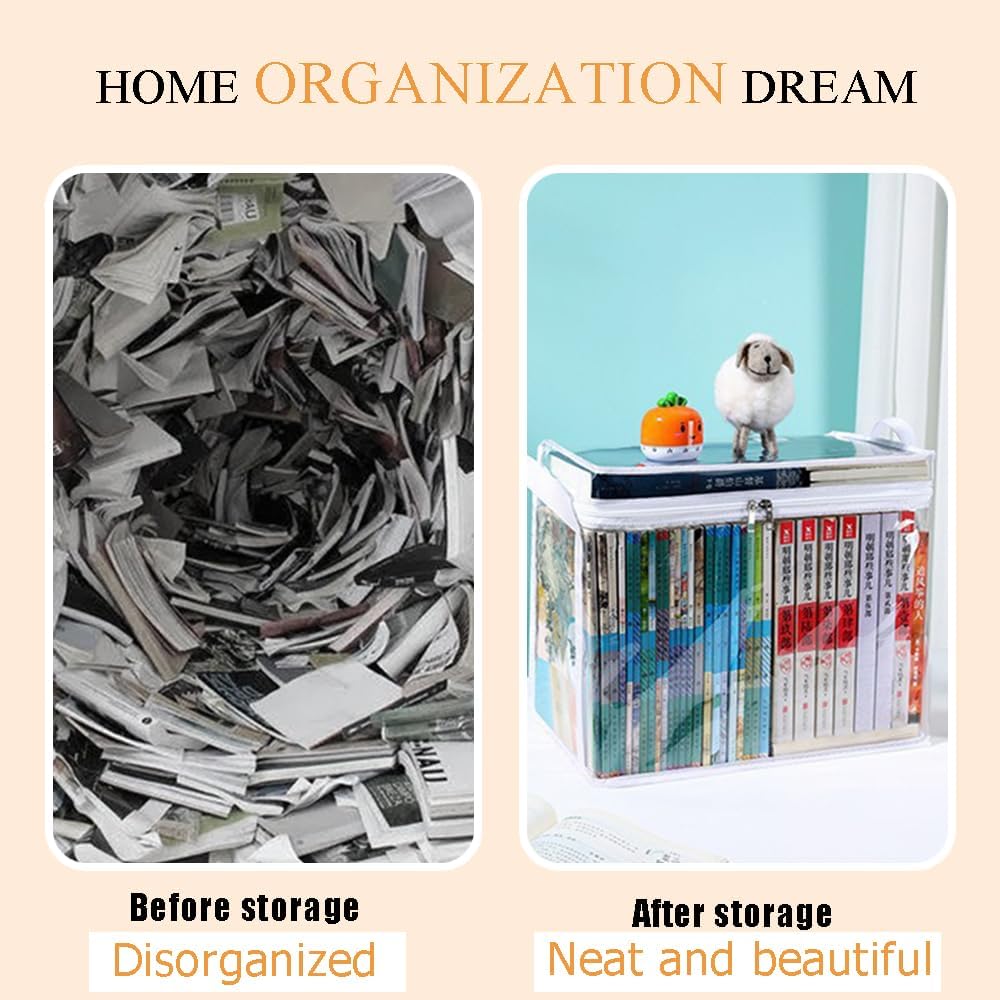 Waterproof Clear Zippered Organizers Largesize,Moving Storage Bags with Reinforced Handles,Closet Organizers and Storage Container for Book DVD Blu Ray Disc Clothing,15''x12.5''x9.5''