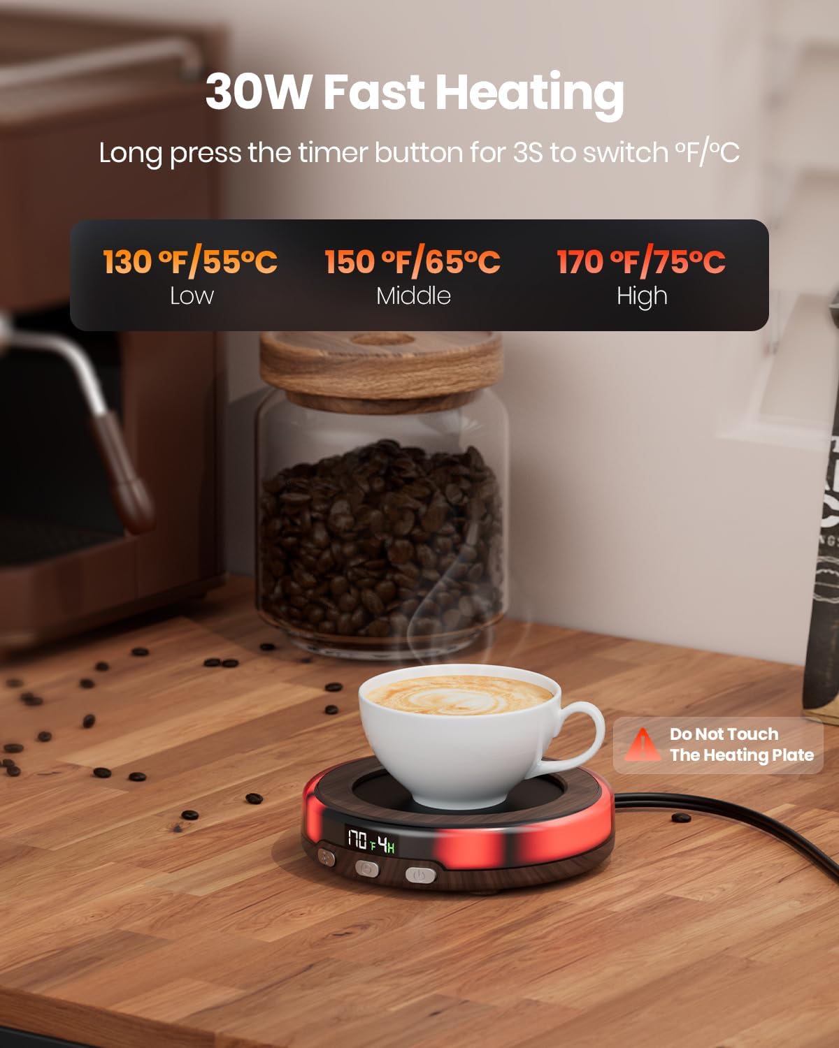 Gaiatop Coffee Mug Warmer for Desk, 3 Temp Settings, 2-9Hrs Timer, 3 Colorful Romantic Atmosphere Light Modes, Stocking Stuffers, Beverage Heating Plate with Digital Display for Candle Tea Milk Wood