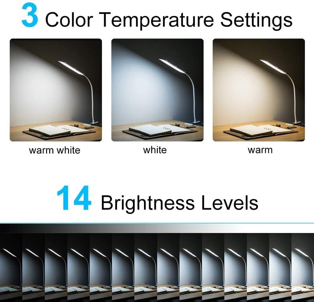 Clip on Desk Lamp LED Reading Light Dimmable USB Small Clamp Lamp with 3 Color Modes 10 Brightness, Adjustable Flexible Gooseneck Table Light for Bed Headboard, Nail, Home Office,Computer(Black)