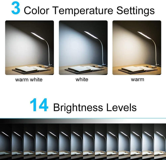 Clip on Desk Lamp LED Reading Light Dimmable USB Small Clamp Lamp with 3 Color Modes 10 Brightness, Adjustable Flexible Gooseneck Table Light for Bed Headboard, Nail, Home Office,Computer(Black)