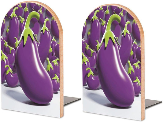 Cartoon Eggplant Bookend for Shelves Wooden Book End Large Size Sturdy Book Holders Stoppers with Metal Base for Bookshelves Slick Decorative Bookends Stands