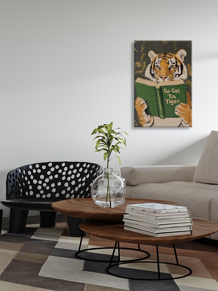 Funny Tiger Reading Green Book Canvas Poster Go Get Em Animal Print Painting Vintage Motivational Wall Art Humorous Bookworm Aesthetic Pictures Decor for Study Library Office 12x16inch Unframed