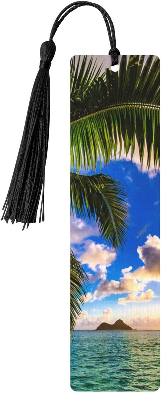Beautiful Sunrise Ocean Bookmarks Gifts for Women Men, Wooden Bookmarks for Book Lovers, Vintage Book Marks Ornaments with Tassel, Unique Personalized Reading Page Markers Black