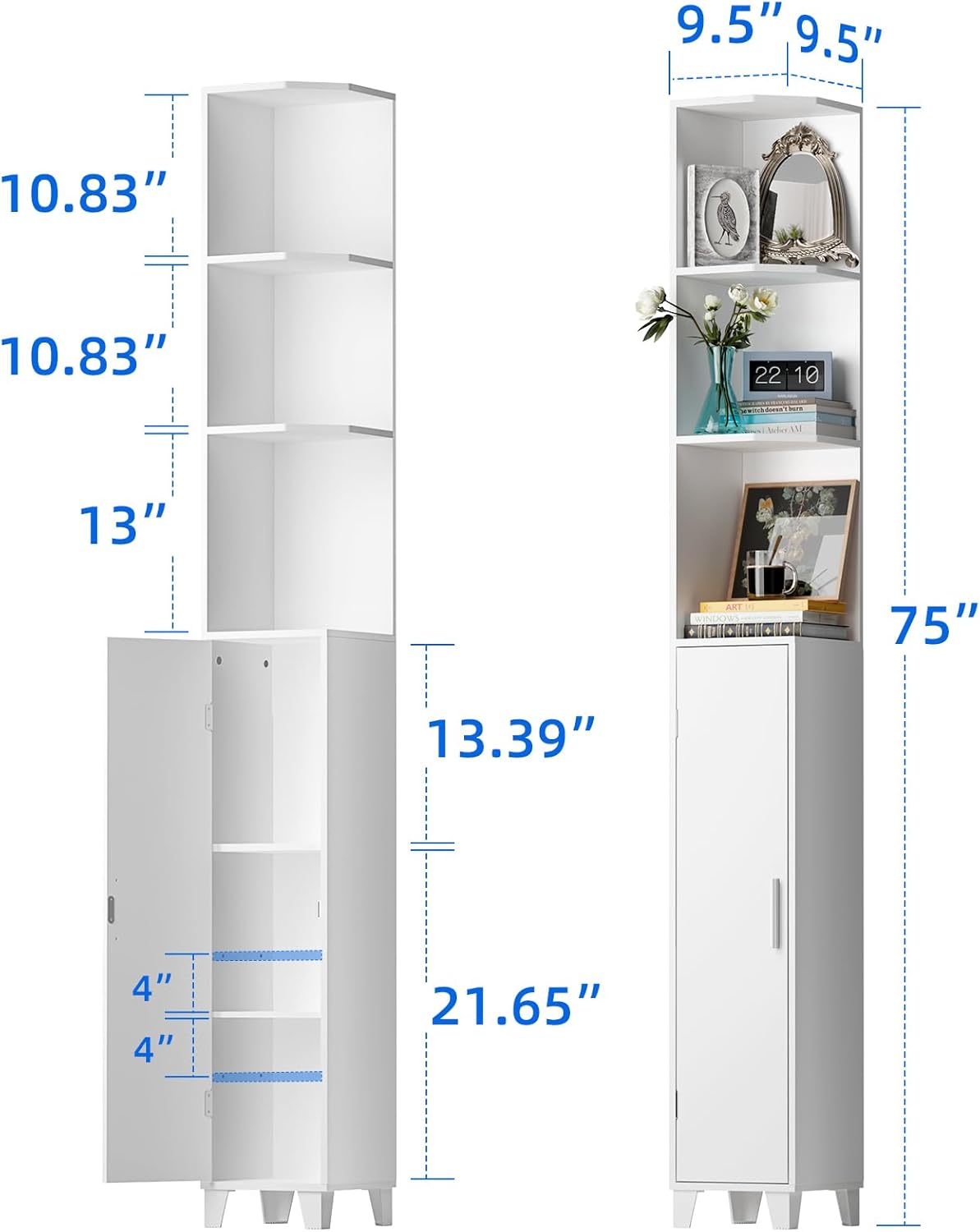 MOHOPE Corner Shelf with Cabinet, 74.8" Tall Corner Cabinet with Door, 5-Tier Narrow Bookshelf with Adjustable Shelves, Display Cabinets for Living Room, Bathroom, Dining Room, Small Space, White