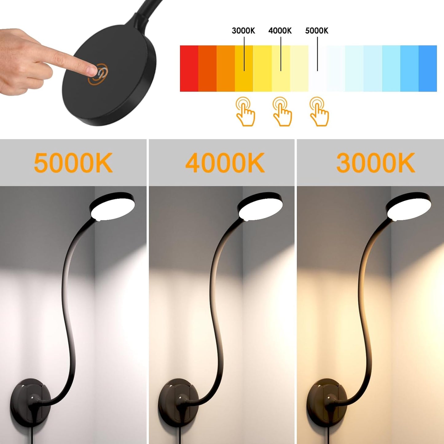 ENUOTEK LED Wall Mounted Reading Light with Gooseneck for Books in Bed, USB Operated Black LED Bedroom Wall Lamp, 100%-70%-35%-15% Dimmable and 5000K- 4000K- 3000K Adjustable Lighting Colors