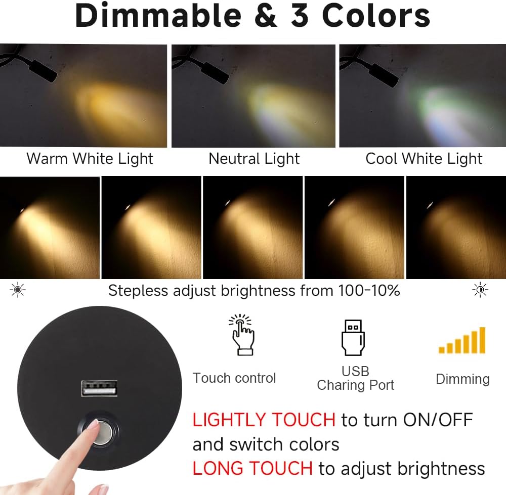 Dimmable Wall Mounted Reading Light with USB Charging Port, Plug-in LED Headboard Reading Light, Bedside Spot Wall Lamps with Flexible Gooseneck, Black Finished