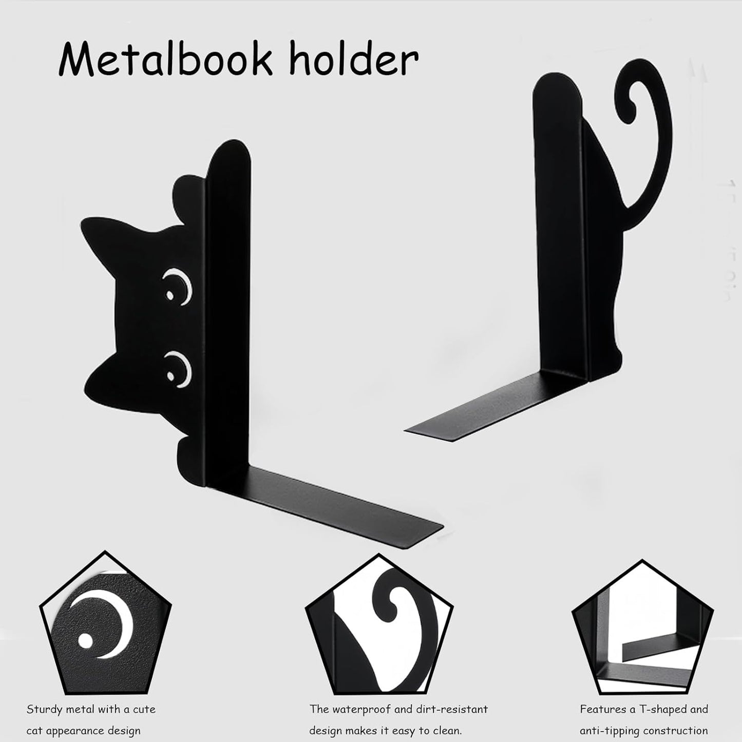 Peeping Cat Black Metal Bookends，Book Ends for Shelves Decorative，Cute Book Stopper for Office Home Desk Bookshelf Decor，cat Decor for cat Lovers