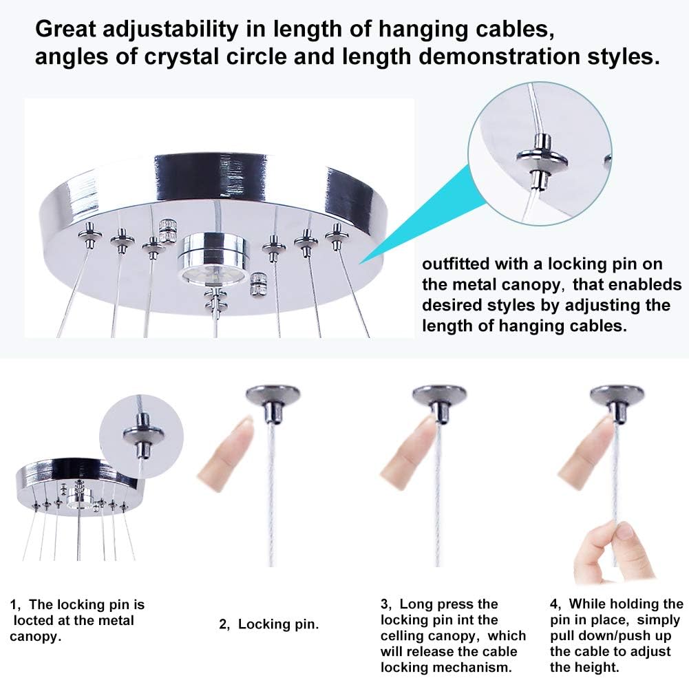 LED Chandeliers Modern Crystal 3 Rings Ceiling Lighting Fixture Adjustable Stainless Steel Pendant Light for Bedroom Living Room Dining Room(Warm White)