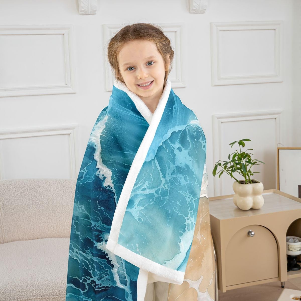 Feelyou Beach Wave Throw Blanket Coastal Sand Soft Fleece Sherpa Cozy Fuzzy Plush Warm Tropical Shore Fuzzy Plush Throw Ocean Themed Queen 90"x90" Seaside Gradient for Bed Couch Living Room