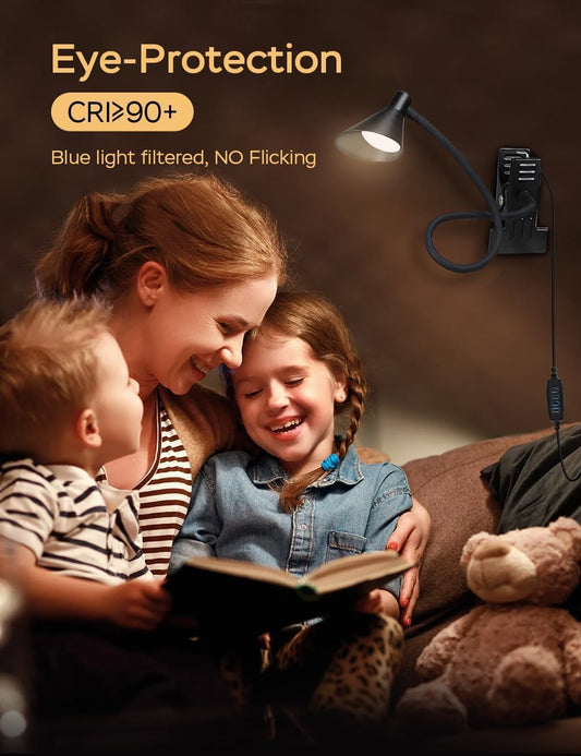 Clip on Light LED Reading Light for Books in Bed, Eye Care Dimmable Reading Lamp 3 Color & 10 Brightness Levels Flexible Clip on Lamp Reading Light for Bed Headboard Bedside Dorm Desk Table - Black