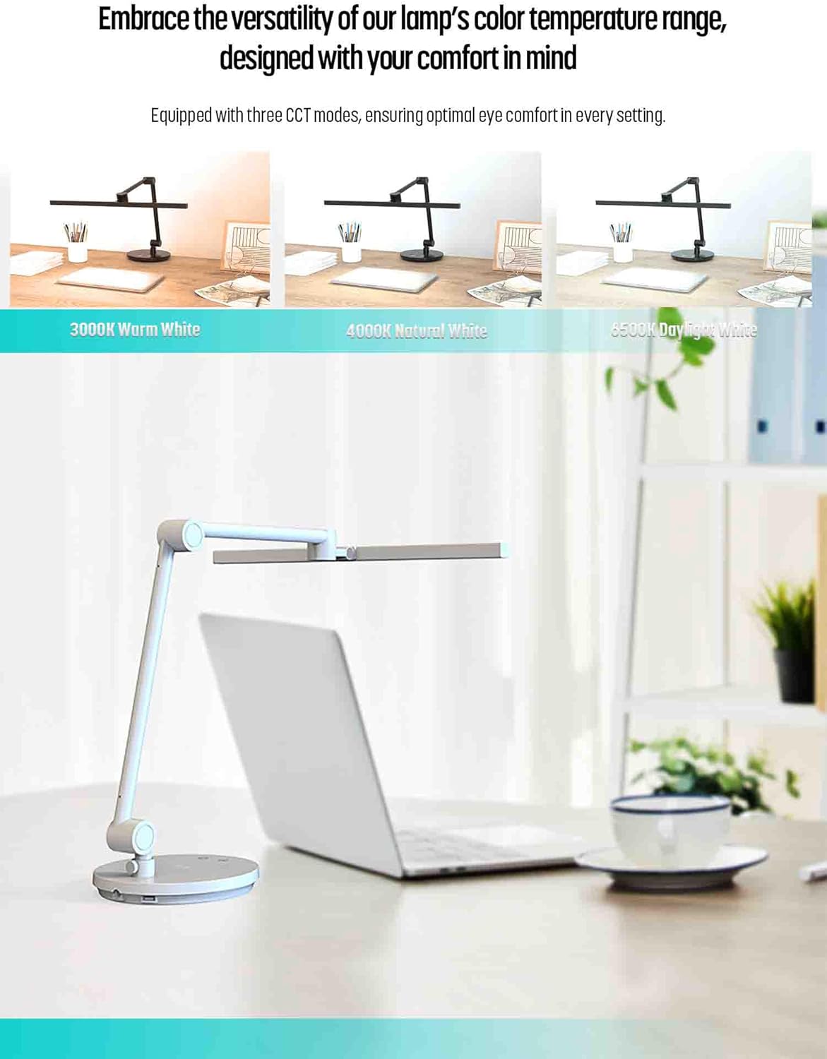 ArchDesk 18.9’ Desk Lamp: Dim, Warm~Cool White Adjustable, Anti-Glare, Sensor, 10W LED, Eye Protection, Foldable, Perfect for Painting, Design, Work, Study, Reading & Office (White)