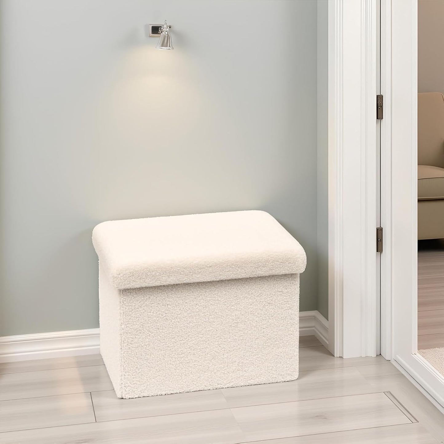 16.5in Small Storage Ottoman Foldable Sherpa Top Storage Bench,Foot Rest/Step Stool for Bedroom Dorm Entryway, Space Saving for Small Spaces- White