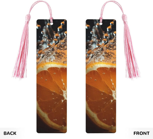 Orange Slices Scattered in Water Bookmarks Gifts for Women Men, Wooden Bookmarks for Book Lovers, Vintage Book Marks Ornaments with Tassel, Unique Personalized Reading Page Markers Pink