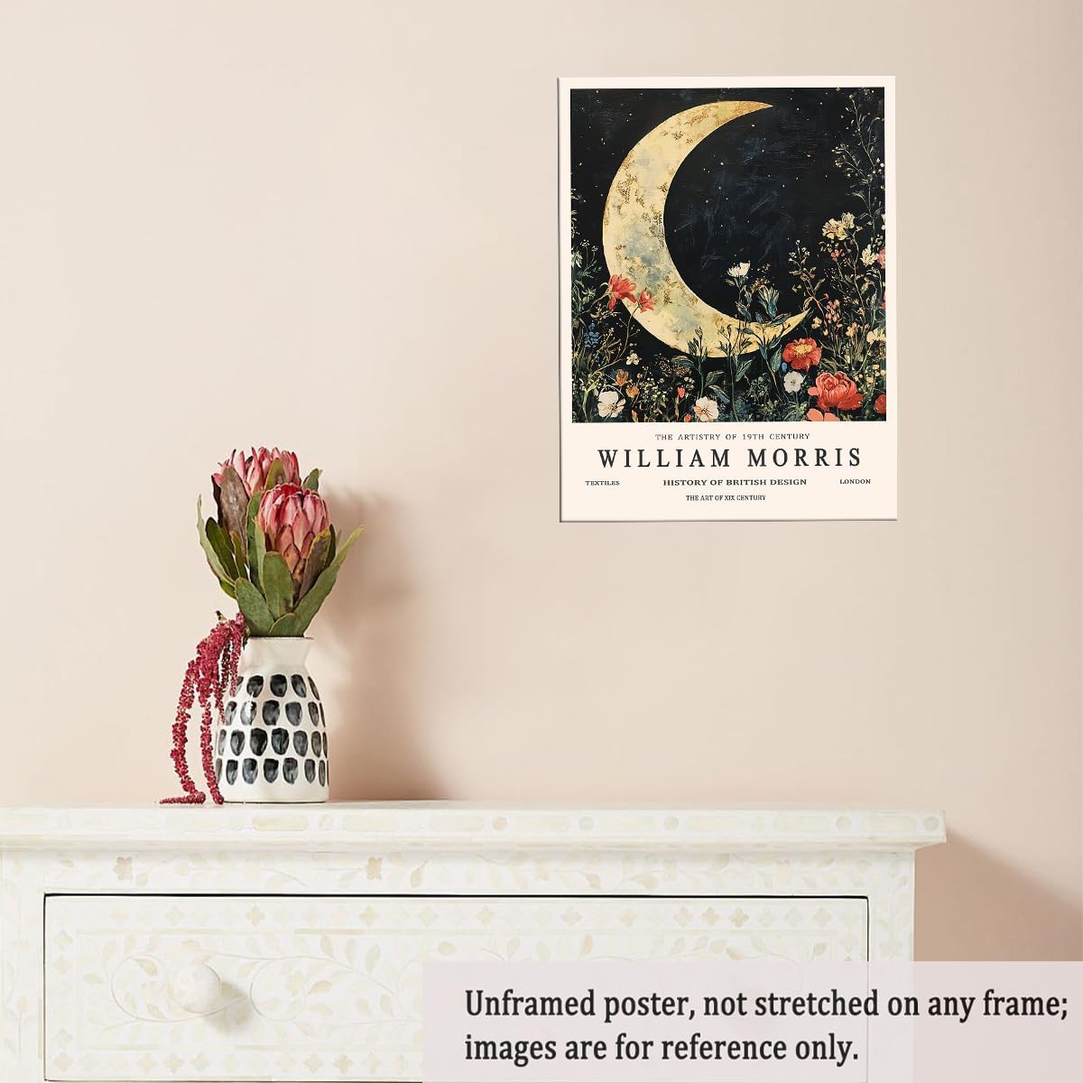 William Morris Style Moon Canvas Print Celestial Botanical Wall Art Gold Lunar Poster for Bedroom Meditation Nook or Bohemian Night Decor-11x14Inch Ready to Hang (Unframed)