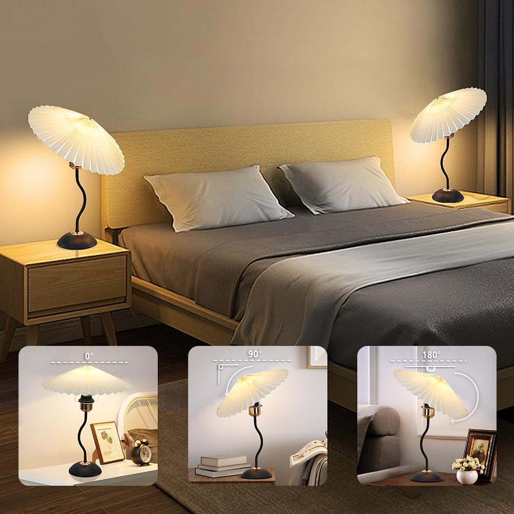 Arts Bedside Table Lamp for Bedroom, Cute Small Pleated Lamps for Nightstand, Vintage Lamp with Umbrella Shade, Decor Desk Reading Lamps for Living Room Kids Room Dorm Office with E26 LED Bulb