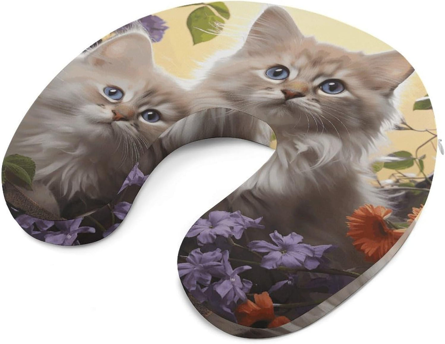 Cat Flowers Neck Pillow Memory Foam U Shaped Pillows Portable Pillows for Shoulder Travel Head Support Pillow with Concealed Zipper for Airplane Car Home Office