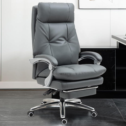 Gray Ergonomic Computer Chair PU Wheels Flip Up Arms Leather Office Chair Extendable Footrest Adjustable Lumbar Support for Gaming Reading