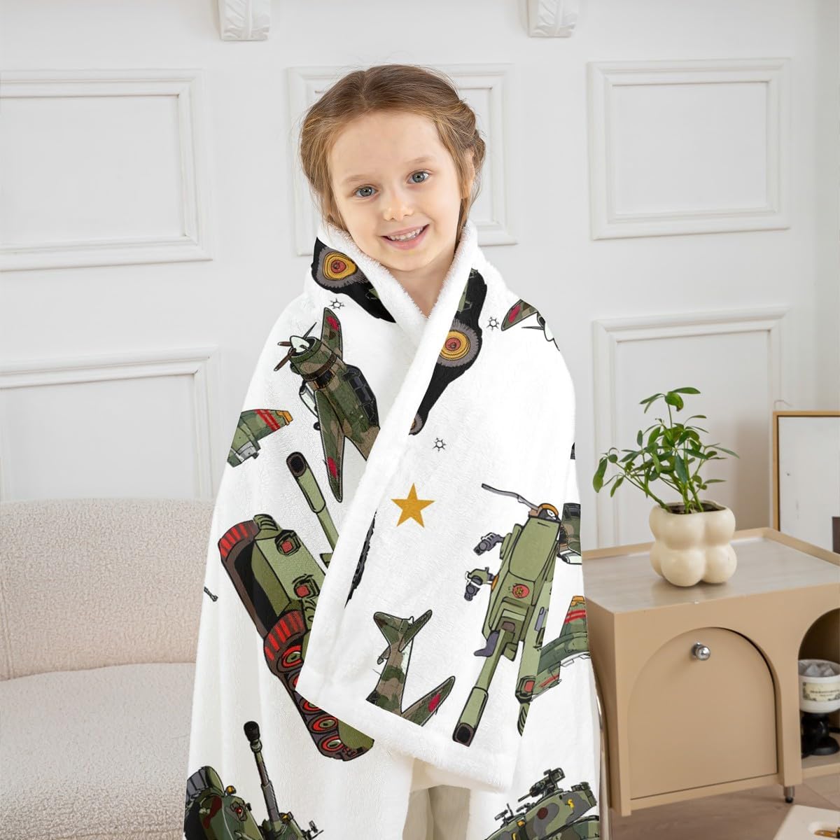 Manfei War Theme Throw Blanket Aircraft Tanks Bed Blanket for Kids Boy Room Decor, Retro Army Green Airplane Tanks Blanket for Couch Sofa, Soft and Breathable Fleece Blanket(60 x 80 Inches)