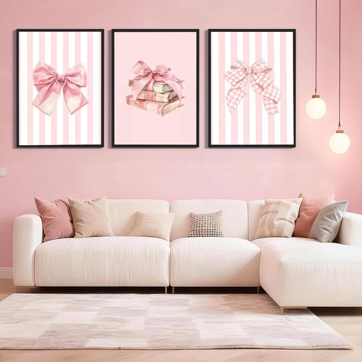 3Pcs Pink Bow Canvas Wall Art Coquette Preppy Reading Poster Print Pink Book Stripes Aesthetic Pictuer Painting for Girl's Room College Dorm Bedroom Living Room Library Wall Deocr （16×24in Unframed）