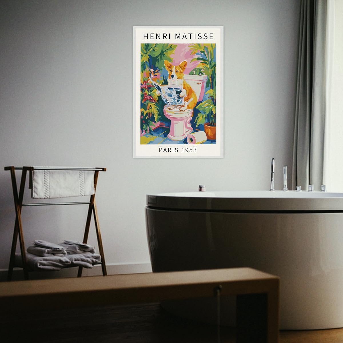 SKINGE Funny Bathroom Wall Art Henri Matisse Room Aesthetics Retro Pink Decor Corgi Reading Newspaper Canvas Painting Print Artworks Animal Bathroom Art Aesthetics Pictures 16x24 inch Unframed