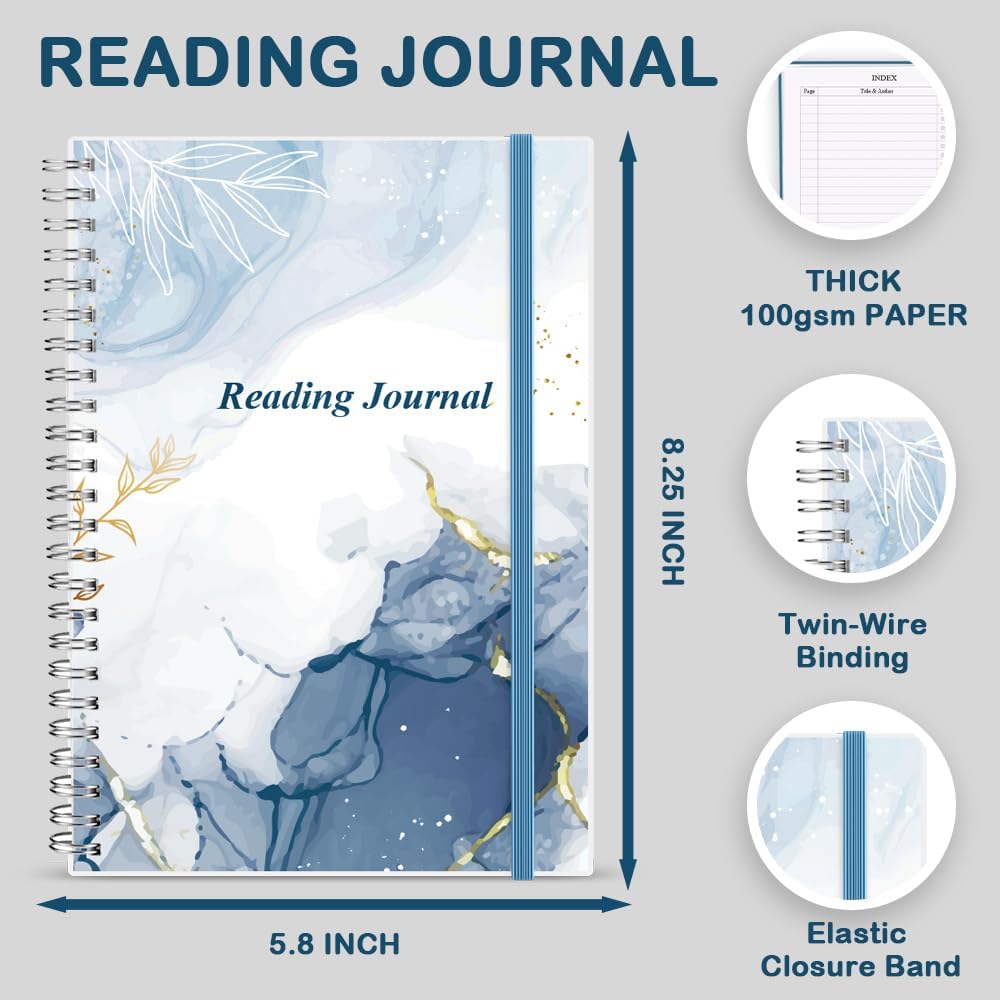 Getvow Reading Journal - Review and Track Your Reading Progress with 72 Book Reviews - Book Journal Reading Log Journal with Back Pocket, 5.8" x 8.3", Blue Watercolor