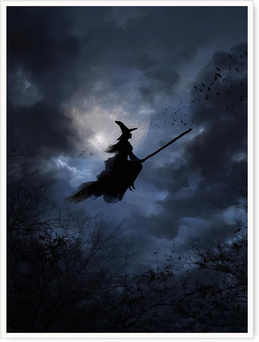 Witch Flying Across Full Moon Night Poster – Dark Halloween Canvas Print with Silhouette, Spooky Sky and Forest Trees for Gothic or Moody Room Wall Decor-12x16Inch Ready to Hang(Unframed)