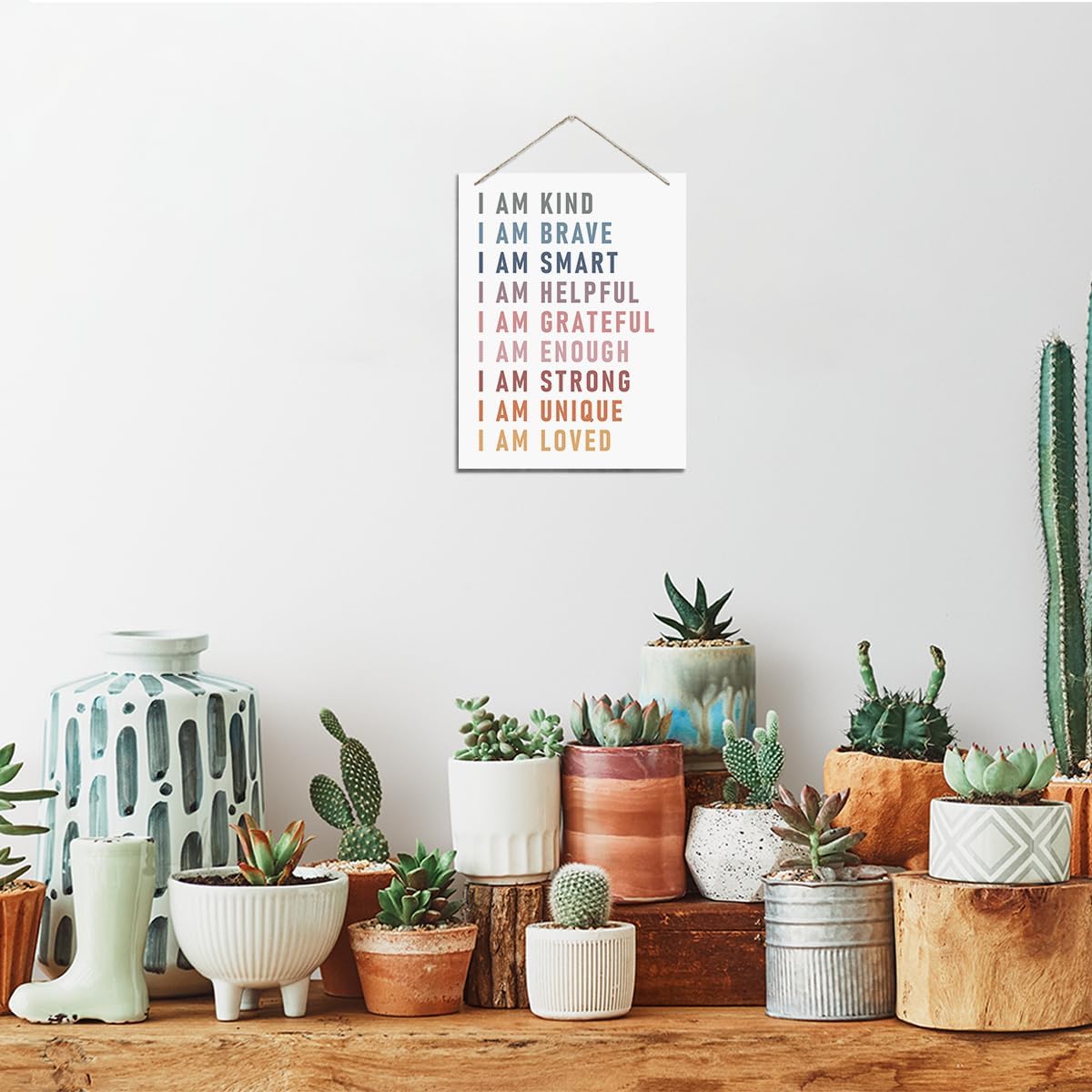 Inspirational Self Affirmations Wood Plaque - Rustic Hanging Art for Classroom, Bedroom & Playroom - Motivational Gift: I Am Kind, Brave & Smart