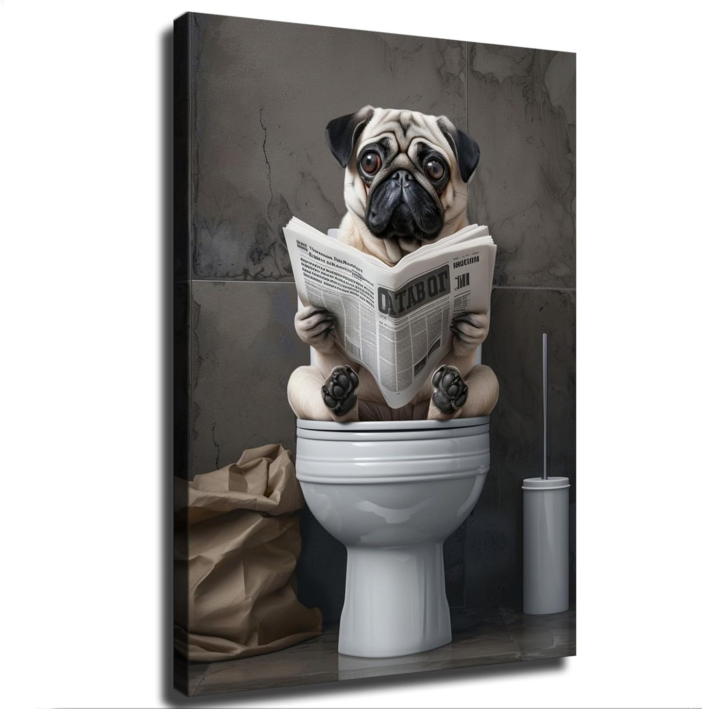 chenmjj Pug Sitting on Toilet and Reading Newspaper Print Poster Picture HD Print Poster Retro Painted Modern Home Bedroom Room Aesthetic Decoration Canvas Art (12x18inch Unframed)