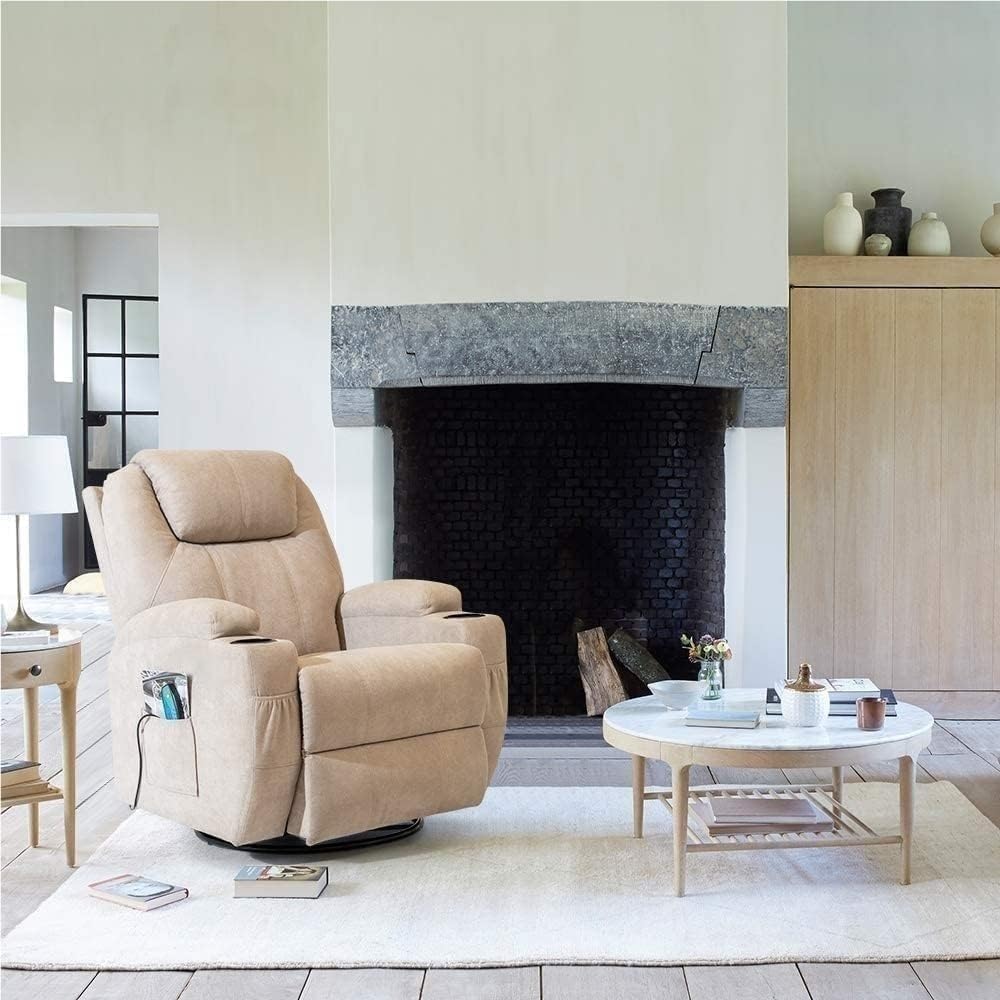 Modern Linen 360 Swivel Rocker Recliner Chair Massage and Heating Ergonomic Lounge Chair Comfortable Padded Single Sofa Recliner for Living Room Home Theater Seating