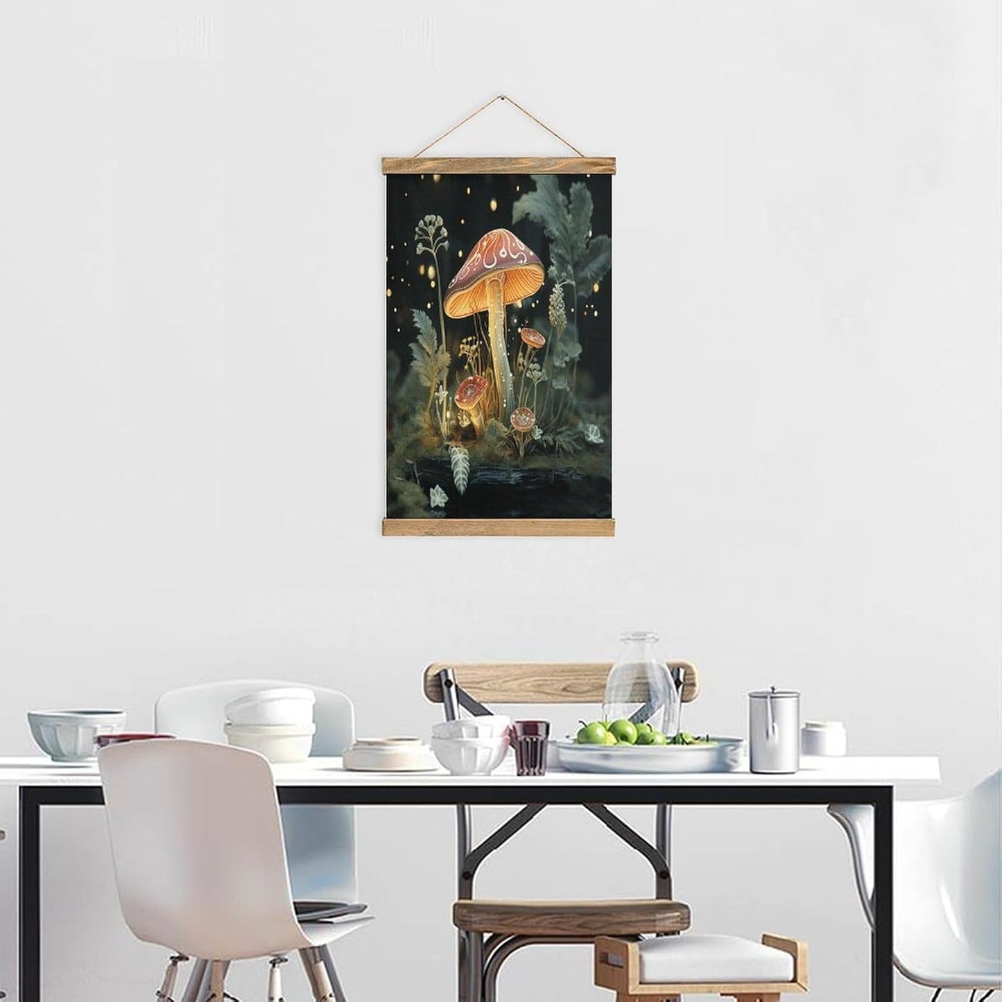Vintage Butterfly Mushroom Poster with Wooden Frame Personalized Linen Hanging Scroll Painting Rustic Wall Hanging Illustrative Modern Artwork Decor for Home Living Room Bedroom Office