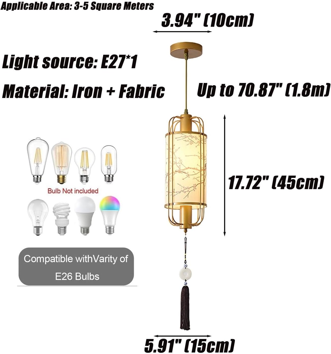 E27 Pendant Light for Bedroom Hanging Light Chandelier with Fabric Shade and 17.72" Height, 70.87" Adjustable, Soft Ambient Lighting for Hallway Dining Table Reading Nook Decor