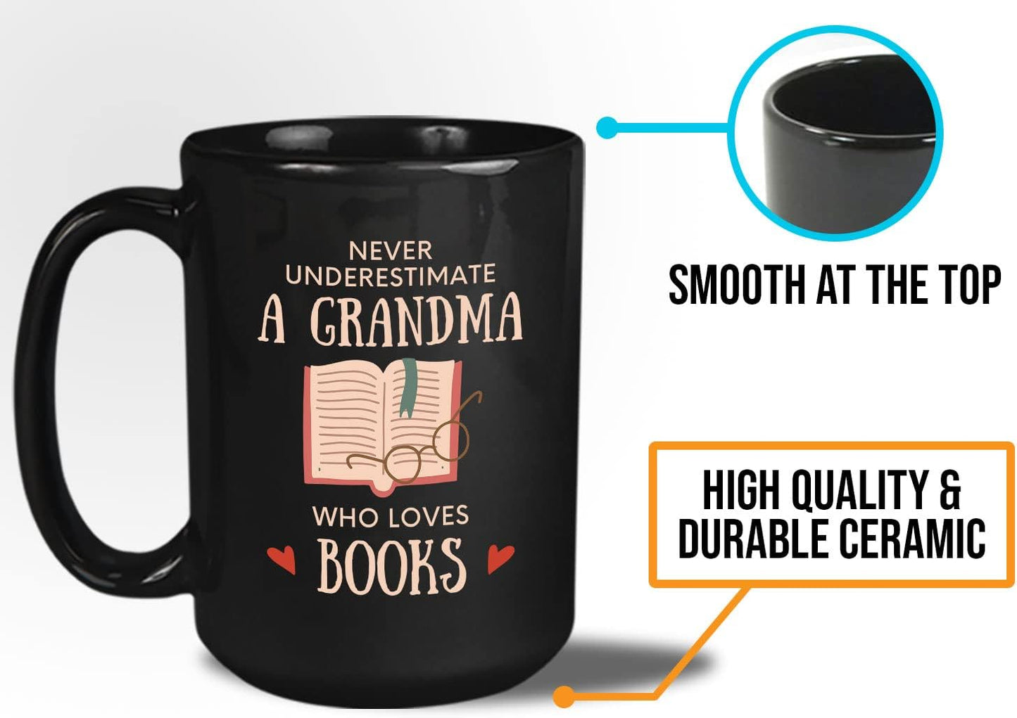 Bubble Hugs Book Lover Coffee Mug 15oz Black - Never Underestimate Grandma - Reading Reader Old Lady Book Lover Bookish Novelist Librarian Writer