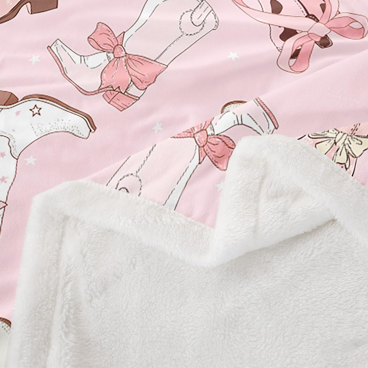 Cowgirls Sherpa Blanket For Girls Cowboy Hat Boots Fleece Blanket 40"X50" Pink Kawaii Bow Tie Throw Blanket Rustic Horseshoe Cactus Plush Bed Blanket For Kids Teens Woman Decorative Sofa Couch