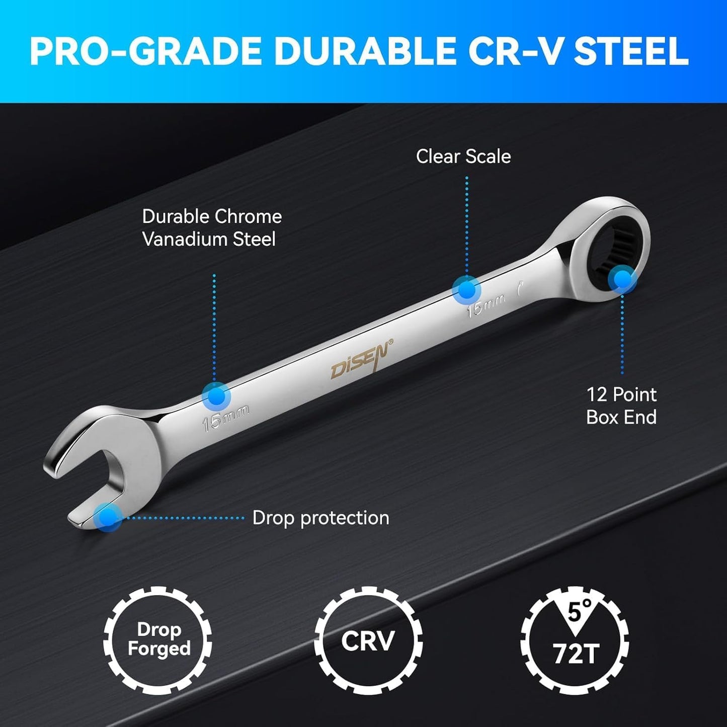 DISEN 10Pcs Ratcheting Wrench Set SAE & Metric Ratchet Wrench Set with Rack Organizer, Premium CR-v Steel, 12 Point, 72 Teeth,Box End and Open End Ratcheting Wrench Set,Metric 10-15mm&SAE 3/8''-5/8''