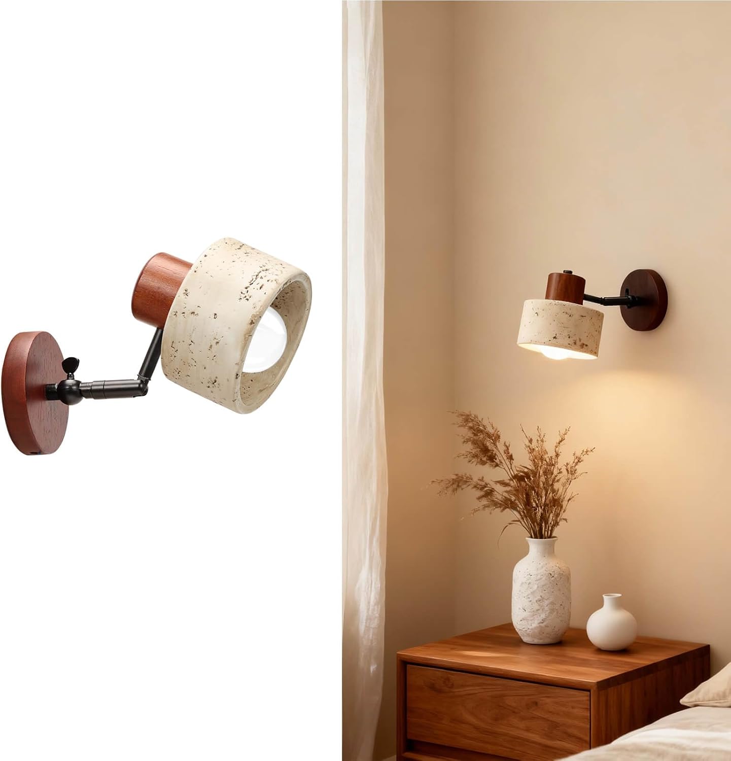 Faux Travertine Wall Sconce, 4.7" Hardwired Wall Mounted Light, 180° Rotatable Mid Century Modern Marble Lamp for Bedroom, Bedside, Reading (E26 Bulb Not Included)