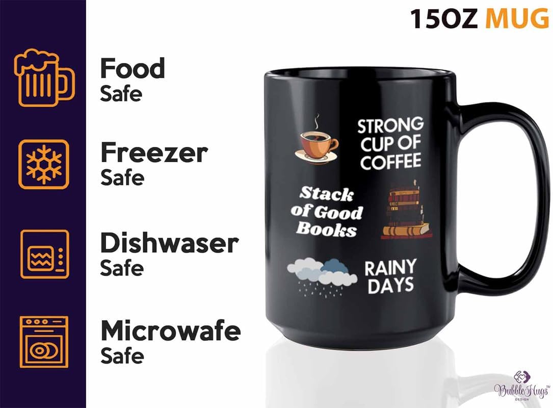 Reading Coffee Mug 15oz Black - Coffee Book Rainy Days - Reader Gift Bookworm Owl Lover Cat Lover Book Lover Novelist Librarian Writer