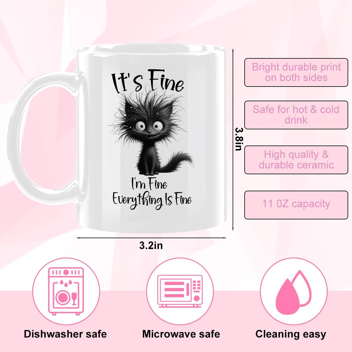 Cat Lover Gifts, I'm Fine Everything is Fine, Office Coffee Mug, Funny Ceramic Mug, Ceramic Cup, Funny Cat Gifts for Women Mom Animal Lover Christmas Birthday Gift 11oz White