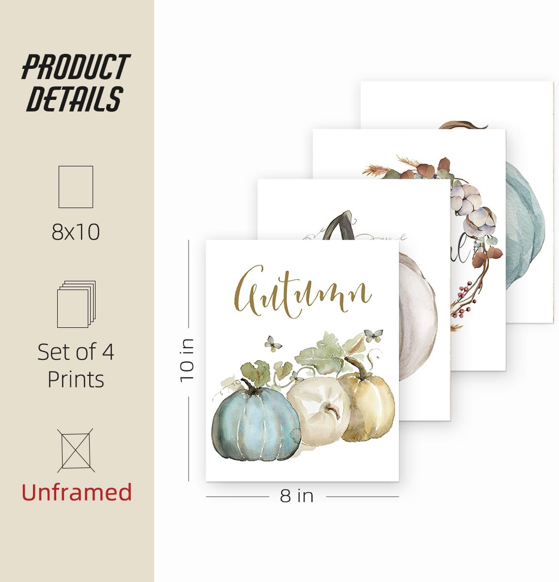 ETVISO Fall Wall Art Prints Decor Set of 4, Autumn Rustic Watercolor Pumpkin Floral Decor, Fall Decorations for Farmhouse Bedroom Living Room Home Porch Office, 8x10 (Unframed)