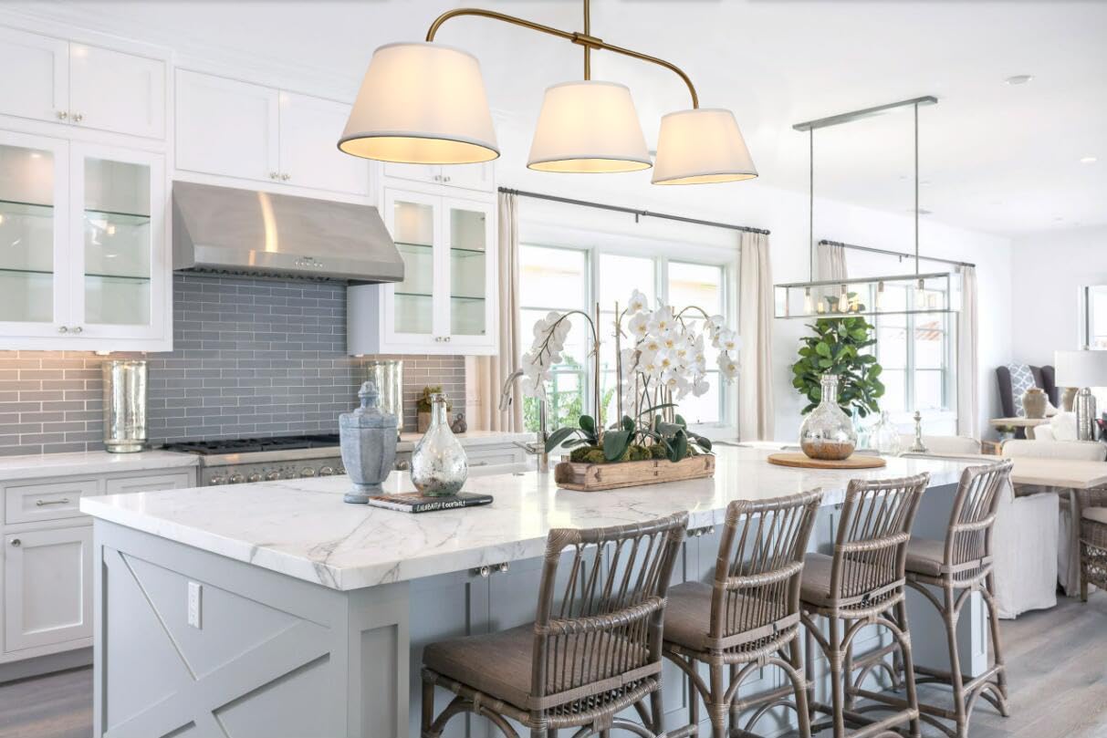Pathson 3 Lights Brass Pendant Light with Fabric Lampshades, Rustic Cloth Pendant Lighting Lamp E26 Bulb Base, Flush Mounted Ceiling Chandeliers for Dining Room Kitchen Island Living Room
