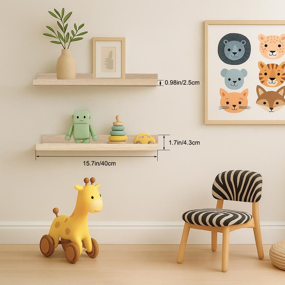 16inch Floating Picture Ledge Shelves 2-Pack, Oak Wall Mounted Shelves with Lip for Nursery, Kids Room, Living Room & Bedroom, Sturdy Floating Book Shelves for Photo Frames & Decor
